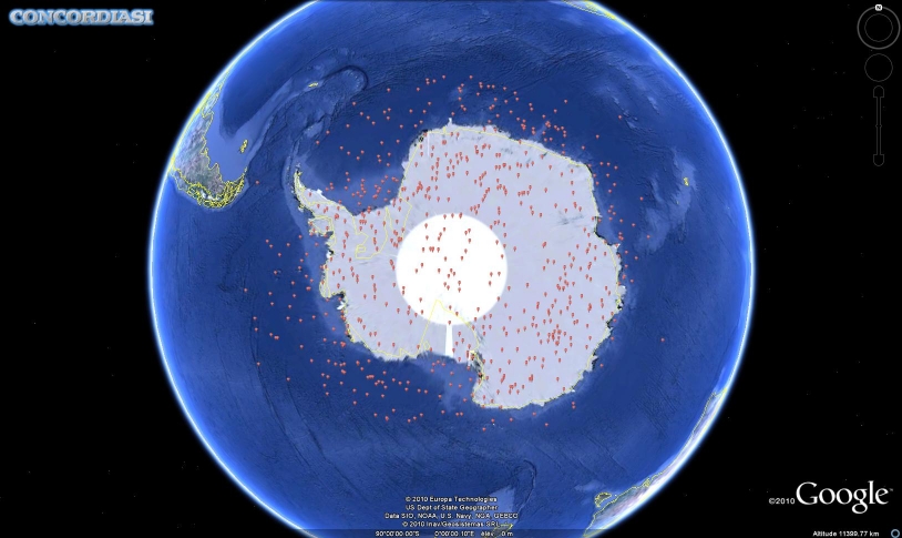 Ensemble des dropsondes larguées en Antarctique pendant la campagne Concordiasi 2010. Crédits : 2010 Google.
